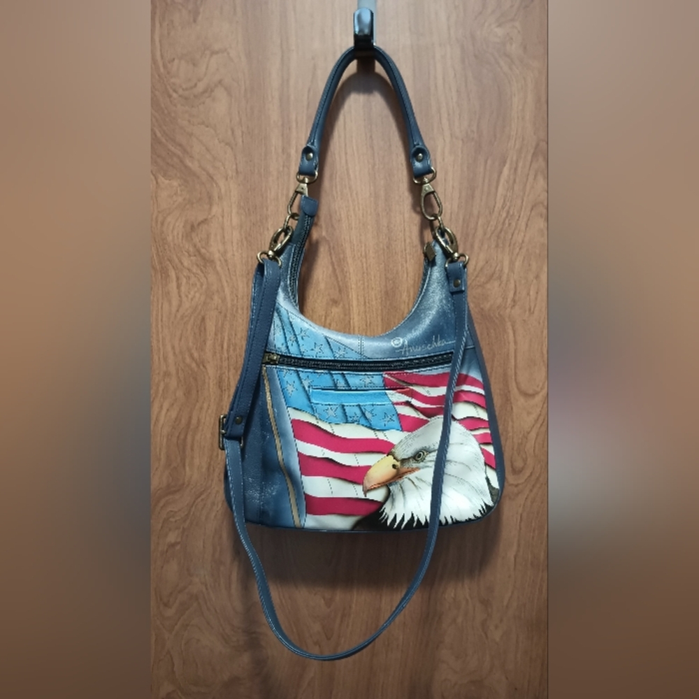 Anushka American Eagle Flag Blue Leather Handbag Crossbody Purse Stars Stripes